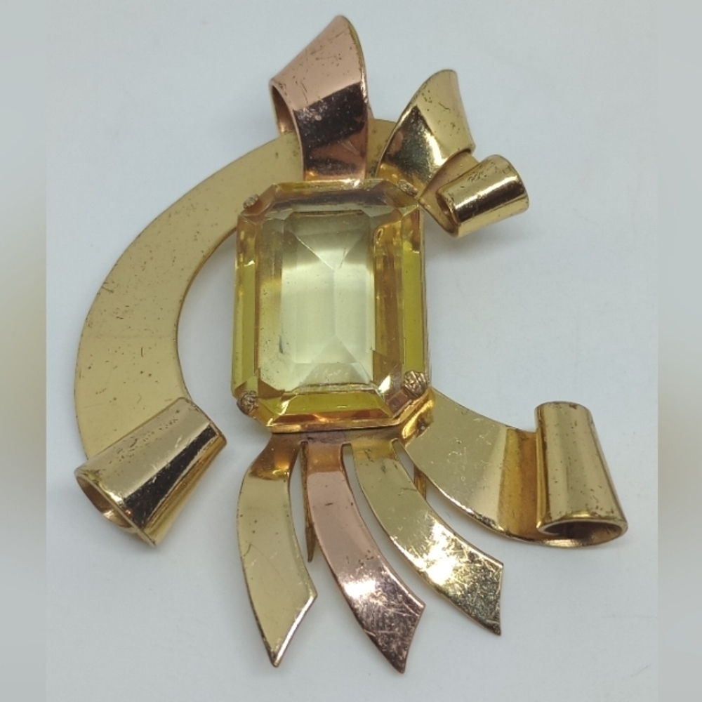 * vintage signed Coro fur or dress clip brooch pin yellow stone